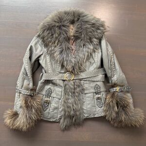 Custom made Grey Fur Jacket with Whipstitch fox fur Trim & Shawl Collar